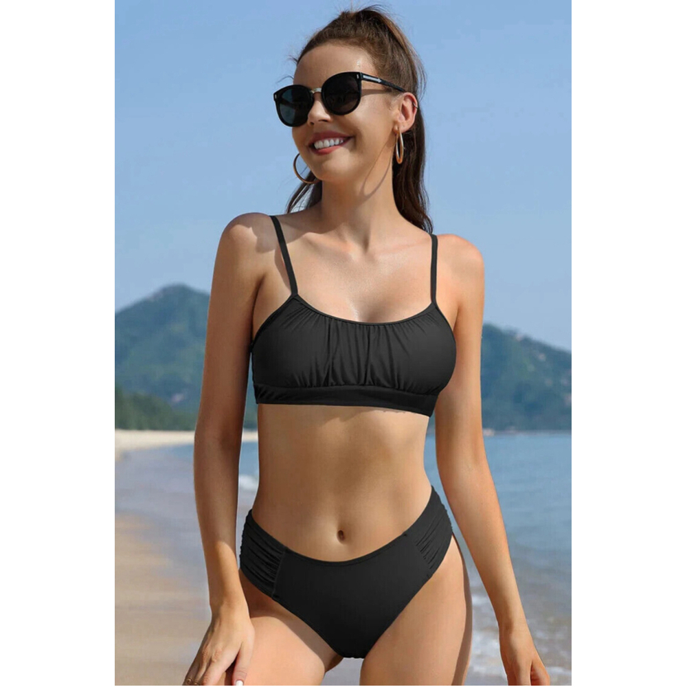 Shekini Shirred Bandeau Ruched High Waisted Bikini in Black Size L